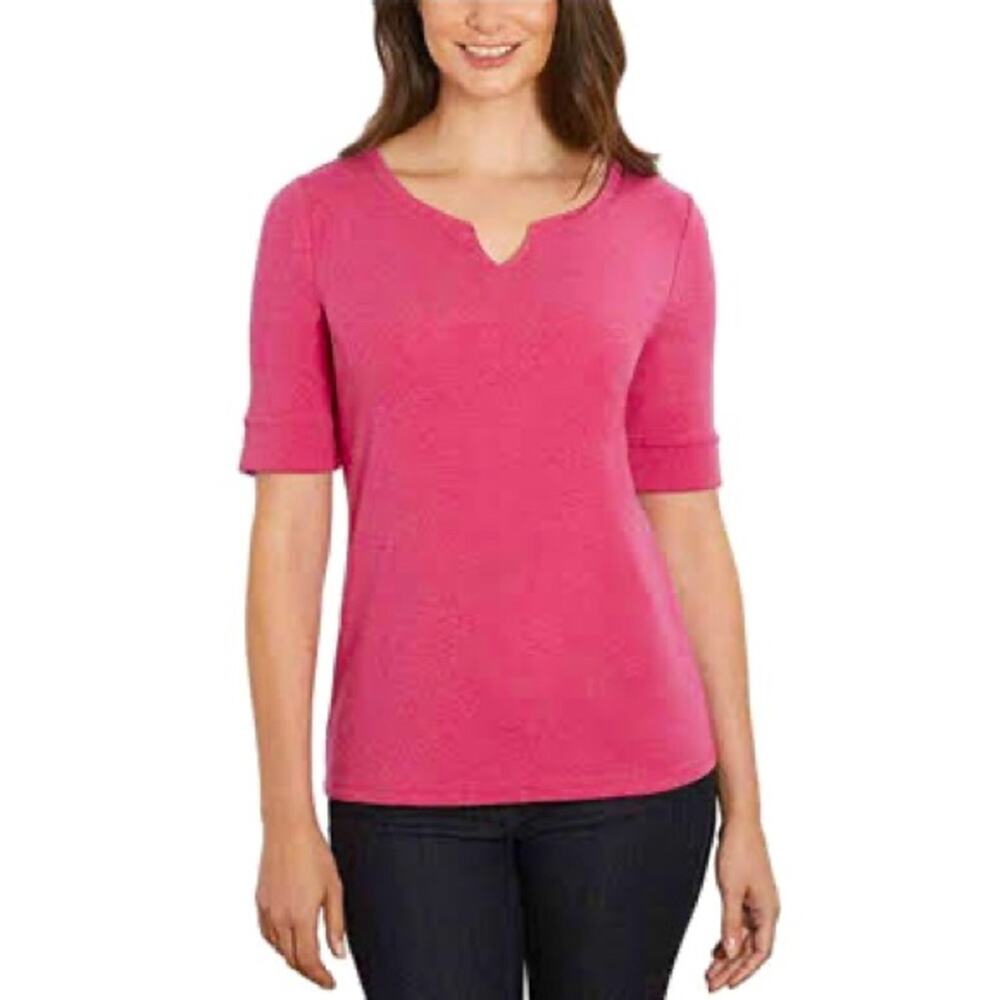 Ellen Tracy Luxurious Pima Cotton Elbow Sleeve Top in Raspberry Heather
